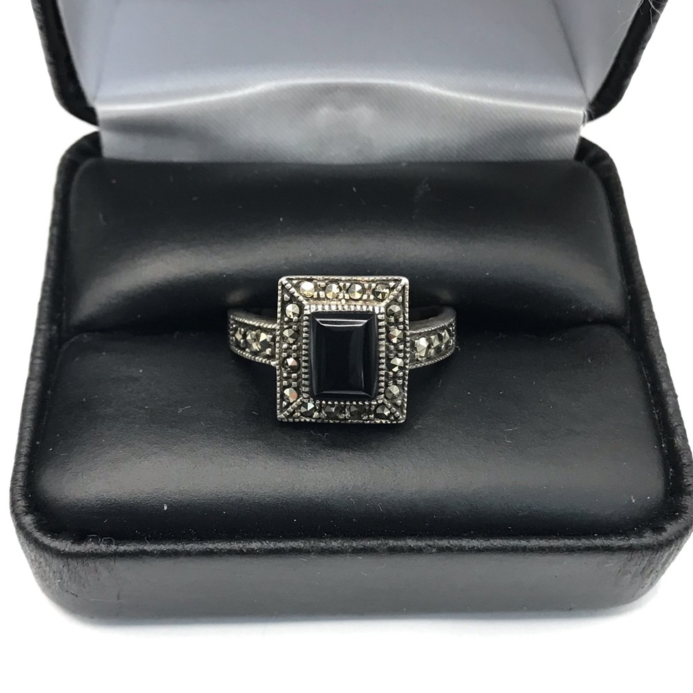 925 Sterling Silver Marcasite Black Onyx Ring Size 10 Vintage